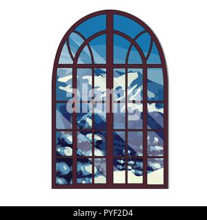 The window overlooking the snow-capped mountains in winter isolated on white background. Interior design luxury country house. Vector illustration. Stock Vector