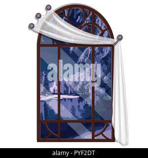 The window overlooking the forest river in winter evening isolated on white background. Interior design luxury country house. Vector illustration. Stock Vector