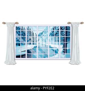 The window overlooking the forest river in winter isolated on white background. Interior design luxury country house. Vector illustration. Stock Vector