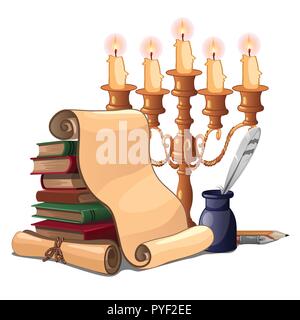 Items vintage interior and working tools of the writer isolated on white background. Blank sheet of vintage paper, burning candles in candlestick, books and fountain feather pen. Vector illustration. Stock Vector