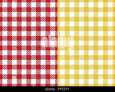 Set Vector Seamless pattern. Wide cell background red and yellow color table cloth in a cage. Abstract checkered backdrop on white. Stock Vector