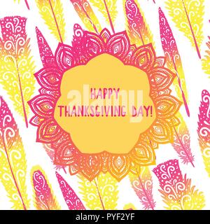 Happy Thanksgiving Day card. Hand drawing round ornament frame. Cartoon bright yellow with pink feathers seamless pattern. Vector ilustration isolated on white background. Stock Vector
