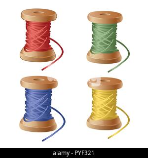 Set of spool of cartoon colorful thread. Equipment sewing workshop isolated on white background. Vector close-up illustration. Stock Vector