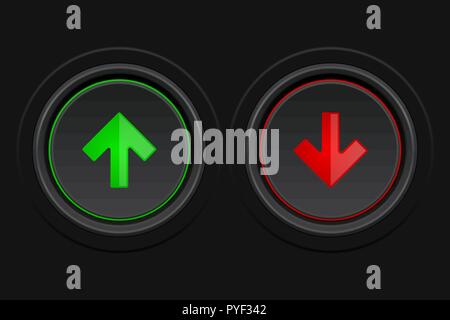 Black round buttons. Green and red arrows as Up and Down symbols Stock Vector