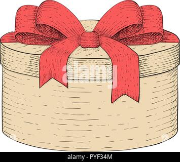 Round gift box. Hand drawn colored sketch Stock Vector