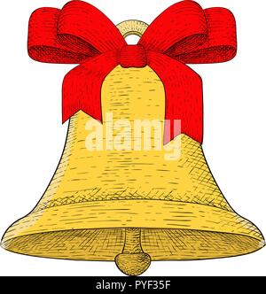 Christmas bell decorated with red ribbon. Hand drawn colored sketch Stock Vector