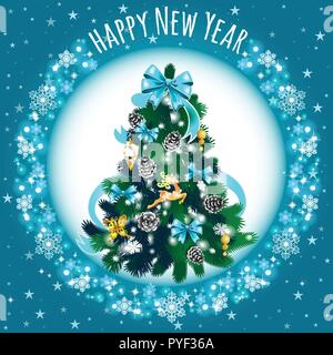 Sketch With Cute Christmas Tree With Blue Ribbon Bow. New Year Gifts, Texture Of Snowflakes, Classic Christmas Decorations And Baubles. Sample Of Poster, Invitation And Other Card. Vector Illustration Stock Vector