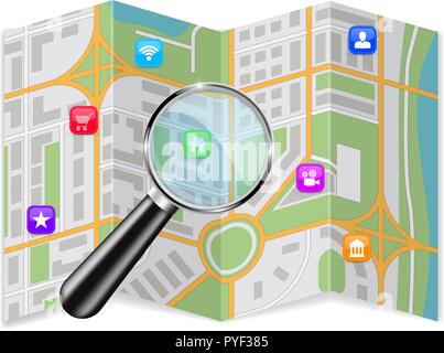 City map with location icons and magnifying glass Stock Vector
