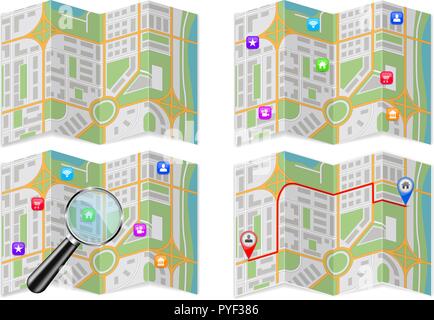 City maps collection. With magnifying glass and popular location markers Stock Vector