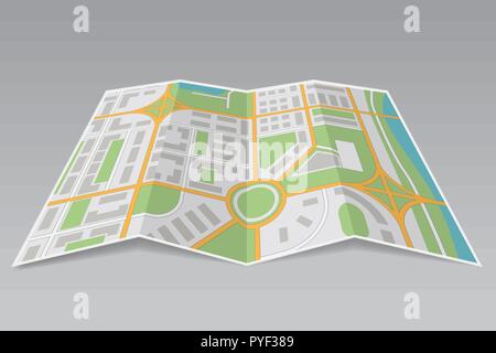 Abstract city map. Paper partially folded on gray background Stock Vector