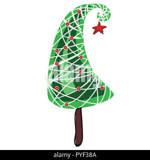Cartoon topiary in the form of a cone Christmas tree with baubles. Sketch for greeting card, festive poster or party invitations.The attributes of Christmas and New year. Vector illustration. Stock Vector