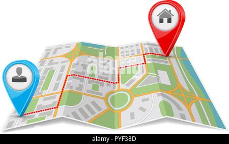 Abstract city map paper folded with destination route Stock Vector