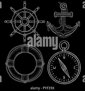 Sailing symbols - steering wheel, anchor, lifebuoy, compass. Hand drawn sketch Stock Vector