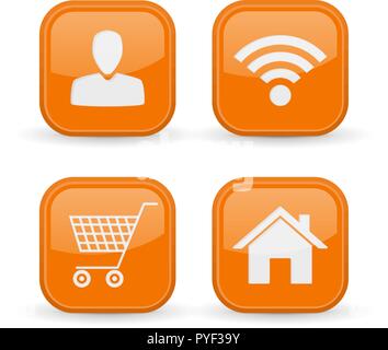 Web icons set. Orange square shiny buttons Stock Vector