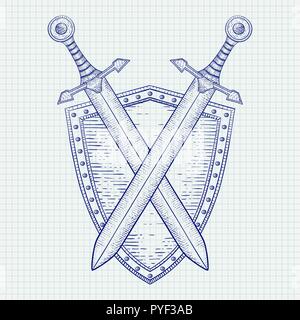 Shield with swords. Hand drawn sketch Stock Vector
