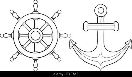 Anchor and steering wheel. Hand drawn sketch Stock Vector