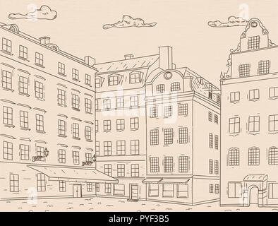 Stortorget square in old city of Stockholm. Hand drawn sketch. Outline drawing on beige background Stock Vector
