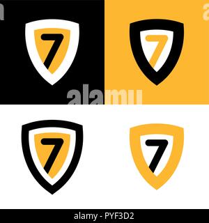 Set of Vector Logo in Black, yellow and white colors. Shield Badge with Seven. Stock Vector