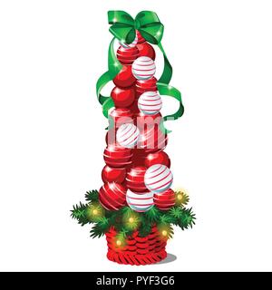Cartoon topiary in the form of a cone Christmas tree with baubles and green ribbon bow. Sketch for greeting card, festive poster or party invitations.The attributes of Christmas and New year. Vector. Stock Vector