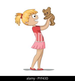 Cartoon girl in pajamas dress with her teddy vector Stock Vector