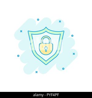 Vector cartoon lock with shield security icon in comic style. Protection illustration pictogram. Shield business splash effect concept. Stock Vector