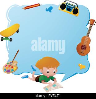 Border template with boy reading book illustration Stock Vector