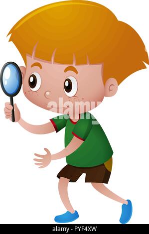 Little boy looking through magnifying glass illustration Stock Vector