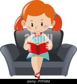 Little girl reading book on sofa illustration Stock Vector