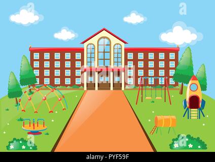 Scene with school building and playground illustration Stock Vector