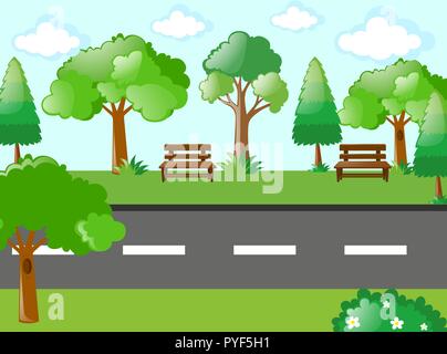 Empty road through the garden illustration Stock Vector