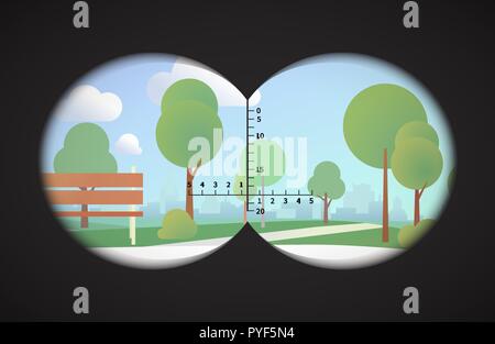 View from binoculars on landscape with park and cityline Stock Vector