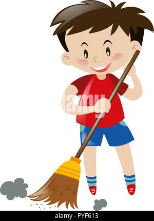 Boy sweeping floor with broom illustration Stock Vector