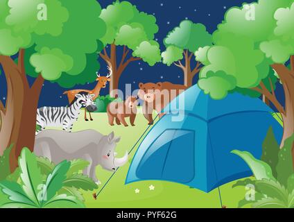 Scene with tent and wild animals in forest illustration Stock Vector