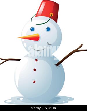 Snowman with a bucket on his head and a red scarf. Vector illustration ...