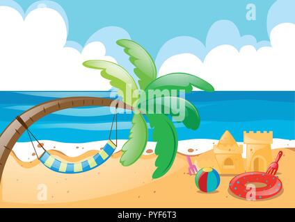 Beach scene with hammock on tree illustration Stock Vector
