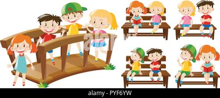 Happy kids on seats and bridge illustration Stock Vector