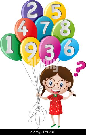 Little girl holding balloons with numbers illustration Stock Vector