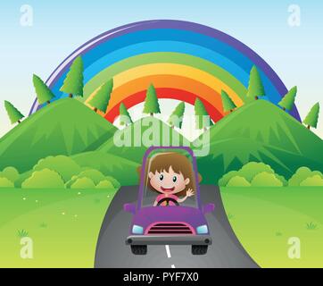 Happy girl driving in purple car illustration Stock Vector