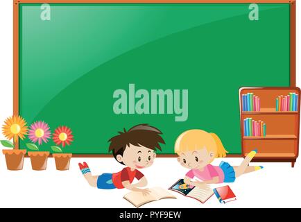 Frame design with boy and girl reading books illustration Stock Vector