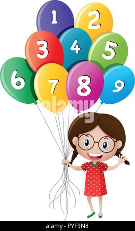 Cute girl holding balloons with numbers illustration Stock Vector