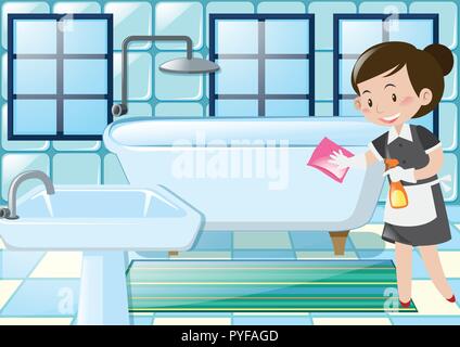 Maid cleaning bathtub in the bathroom illustration Stock Vector