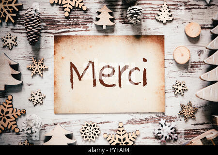 Nostalgic Christmas Decoration, Paper, Merci Means Thank You Stock Photo