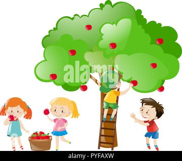 Children picking apples from tree illustration Stock Vector
