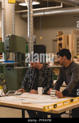 Two craftsman using laptop in workshop Stock Photo