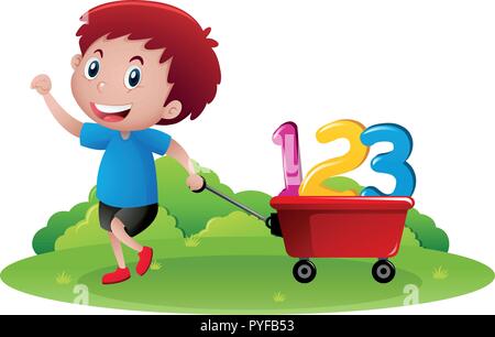 Little boy pulling wagon with numbers illustration Stock Vector