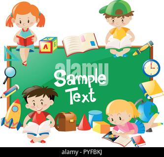 Frame design with children reading books illustration Stock Vector