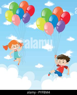 Boy and girl flying with the balloons in sky illustration Stock Vector