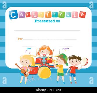 Certificate template with kids in the band illustration Stock Vector