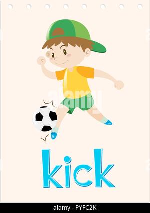 Word card with boy kicking ball illustration Stock Vector