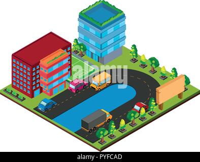 3D design for buildings and cars on the road illustration Stock Vector